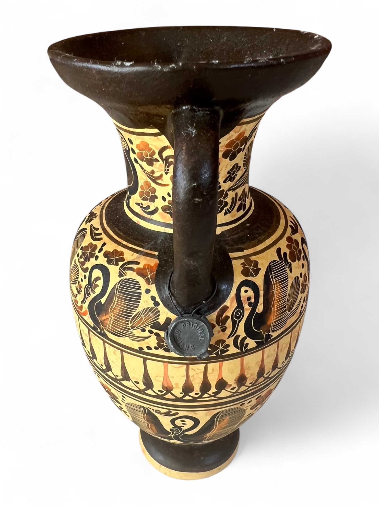 Greek Black-Figure Amphora, Reproduction of Corinthian Form: Decorative reproduction amphora modeled after ancient Greek black-figure pottery of the Corinthian period, ca. 6th century B.C. The vessel features twin handles, flaring rim, and classic tapering body