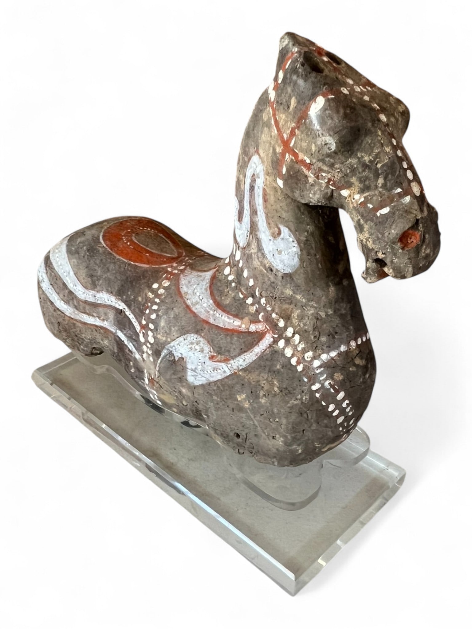 Painted Terracotta Horse Figure on Lucite Stand (1 of 2)