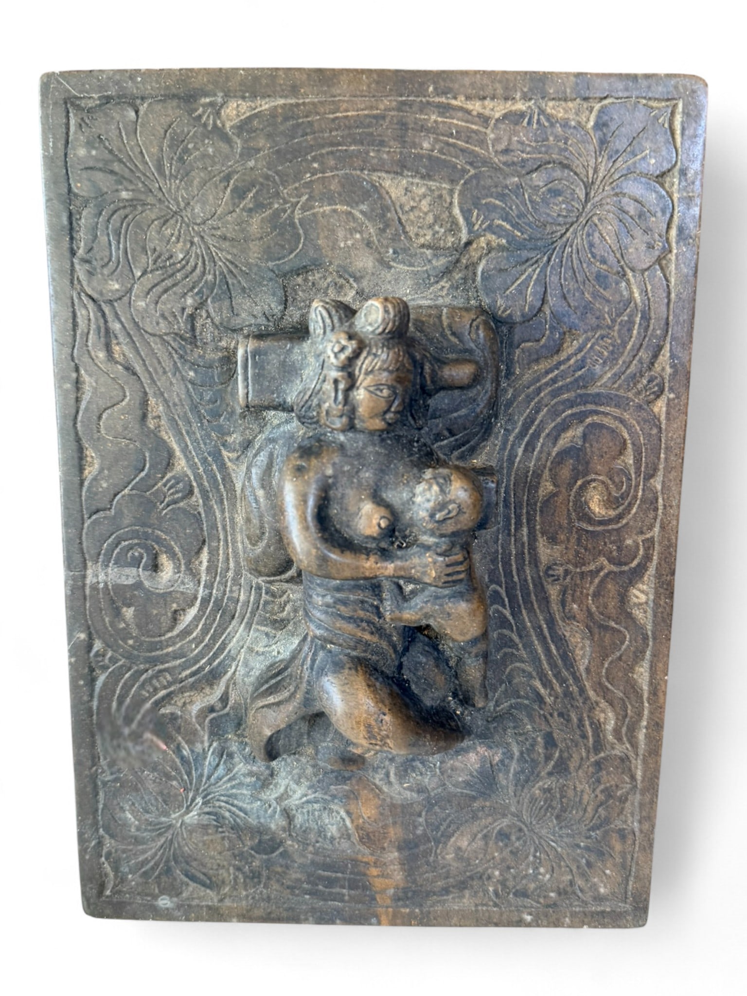 Indian Carved Wood Temple Plaque Depicting Embracing Figures, Early 20th Century (1 of 2)
