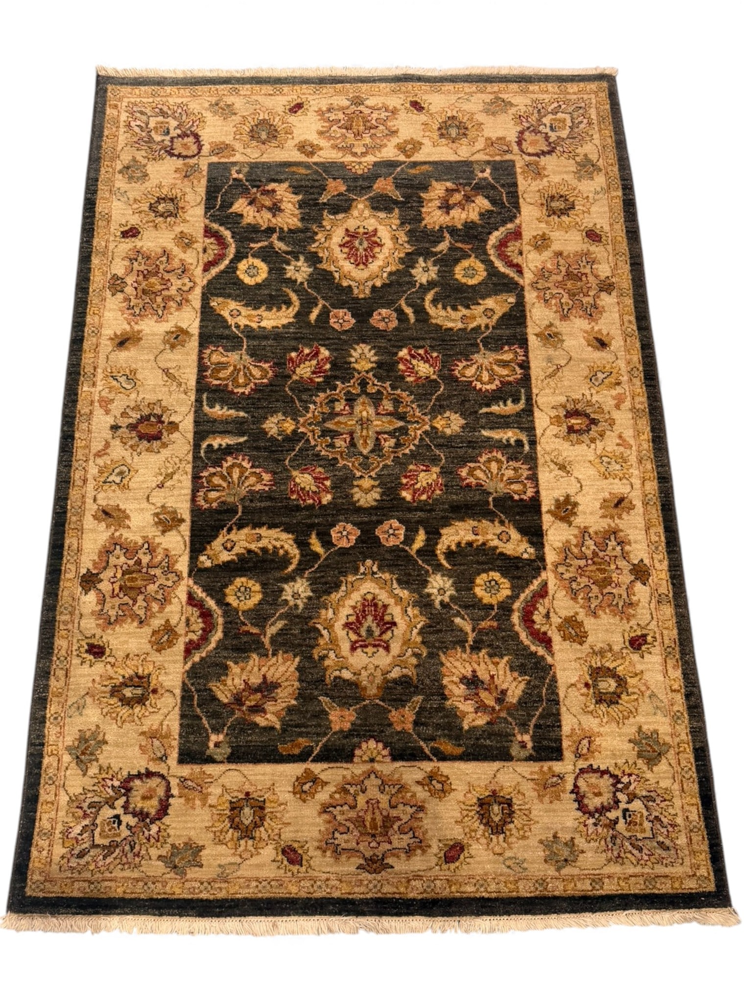 Hand-Knotted Mahal Design Rug, 3 ft 1 in × 5 ft 1 in: A finely woven scatter rug in the Mahal style, featuring rich brick red and olive tones highlighted with cream and soft gold accents. The repeating palmette and vine-scroll motifs are framed within a 
