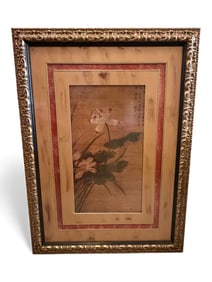 Asian Framed Ink and Color Painting on Silk, Lotus Flowers, Mid-20th Century