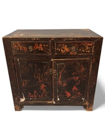 Chinese Black Lacquer Cabinet with Painted Floral & Landscape Decoration, Early 20th Century