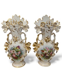 Pair of Continental Porcelain Floral Spill Vases with Gilt Encrustation, 19th Century