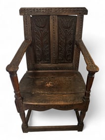 English Carved Oak Joint Stool Armchair, 17th Century