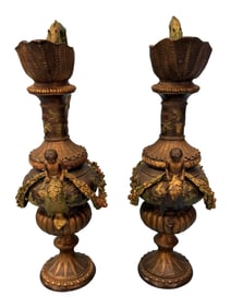 Pair of Monumental Bronze Classical Ewers with Serpent Handles and Putti, Late 19th Century
