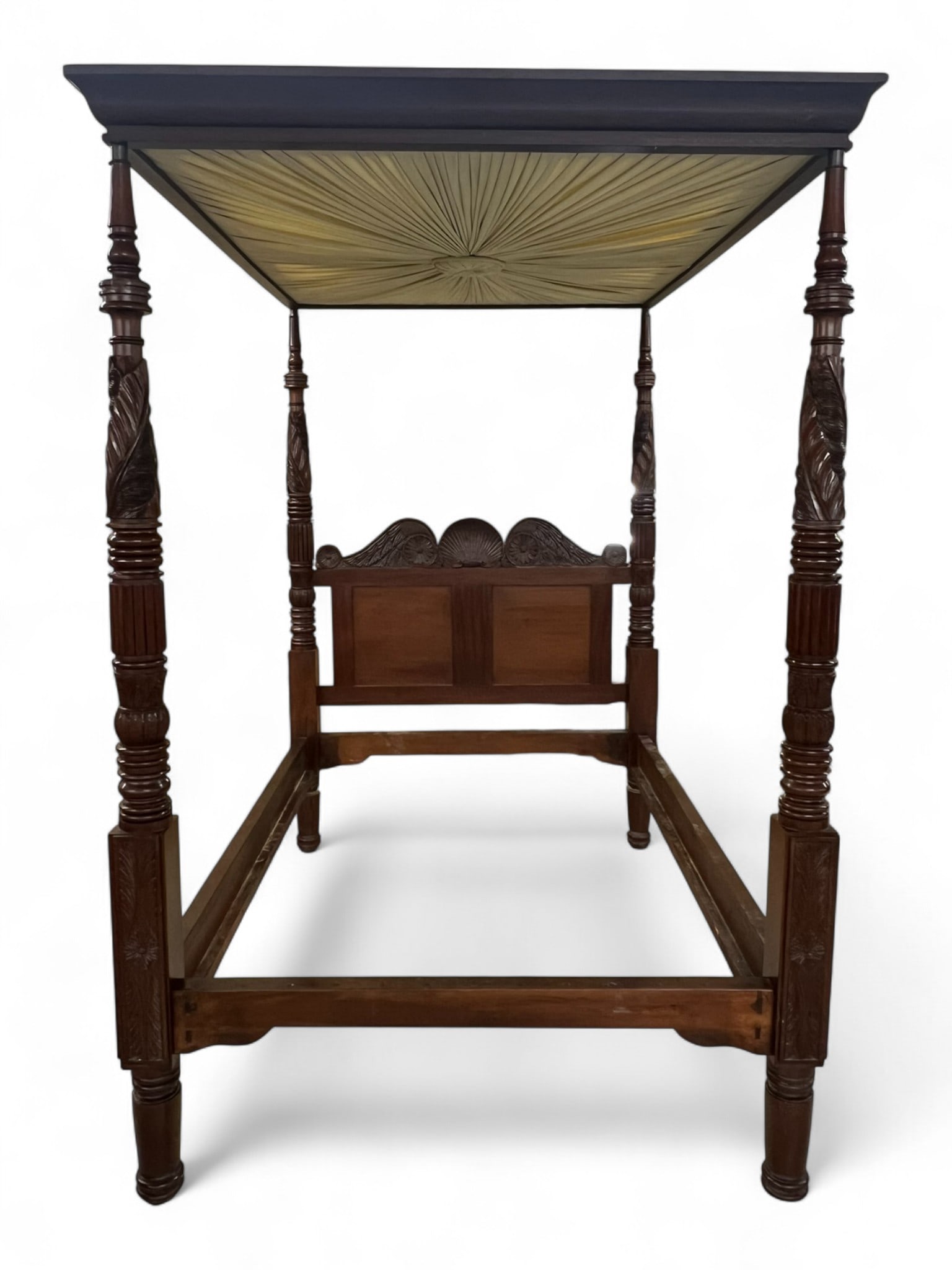 Mahogany Full Tester Bed, 19th Century: A handsome 19th-century full-size mahogany tester bed featuring boldly turned and carved posts rising to a dramatic rectangular canopy, currently fitted with a gathered interior fabric panel. The post