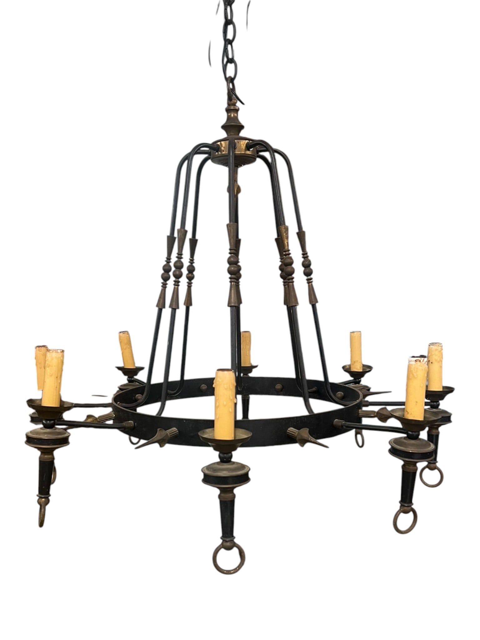 Large Eight-Light Wrought Iron & Brass Chateau-Style Chandelier, Early–Mid 20th Century (1 of 4)
