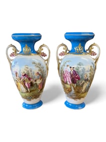 Pair of Large Continental Hand-Painted Porcelain Mantel Vases, Late 19th Century
