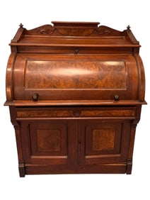 Victorian Burl Walnut Lady’s Cylinder Secretary Desk, Circa 1880