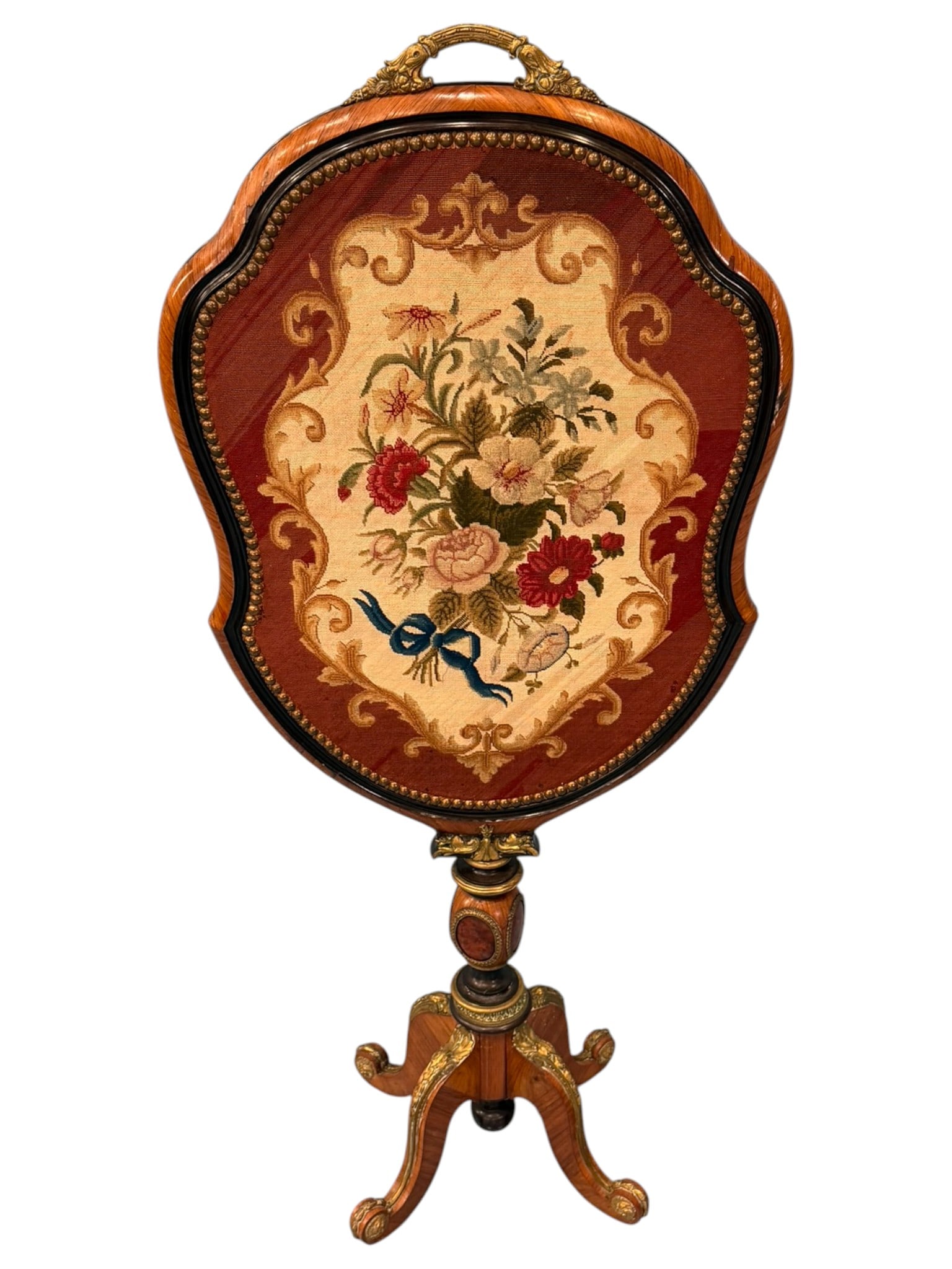 Victorian Rosewood & Gilt Bronze Pole Screen with Needlework Panel, 19th Century (1 of 5)
