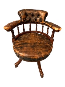 Antique Leather & Mahogany Swivel Captain’s Chair, Early 20th Century