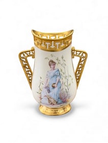 Hand Painted Porcelain Vase with Gilt Openwork Handles