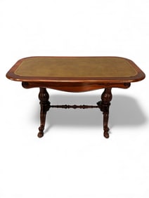 Victorian Carved Rosewood Library Table with Tooled Leather Top, Late 19th Century