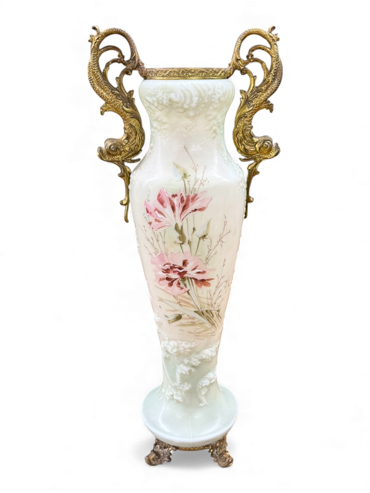 Large Opaline Glass Vase with Gilt Bronze Serpent Handles: Tall hand-painted opaline vase featuring soft white and celadon coloration, decorated with floral sprays on the tapering body and applied high-relief scrollwork near the base. The upper rim is mounted