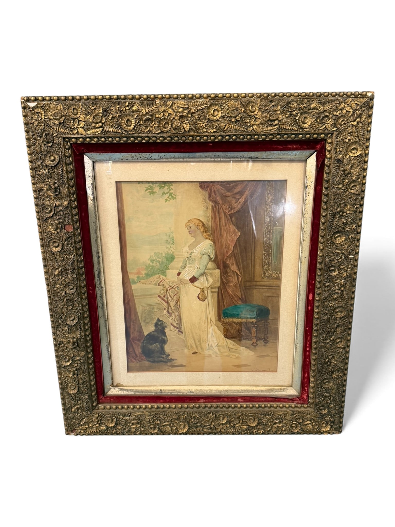 Continental Genre Chromolithograph of a Young Woman with Cat, Late 19th Century: Late 19th century Continental chromolithograph depicting a young woman in classical dress standing beside a windowed interior, accompanied by a seated black cat at her feet. The scene is rendered in s