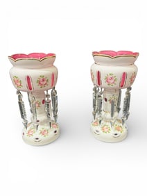Pair of Bohemian-Style Cranberry Glass and Enameled Lustres, late 19th to early 20th century
