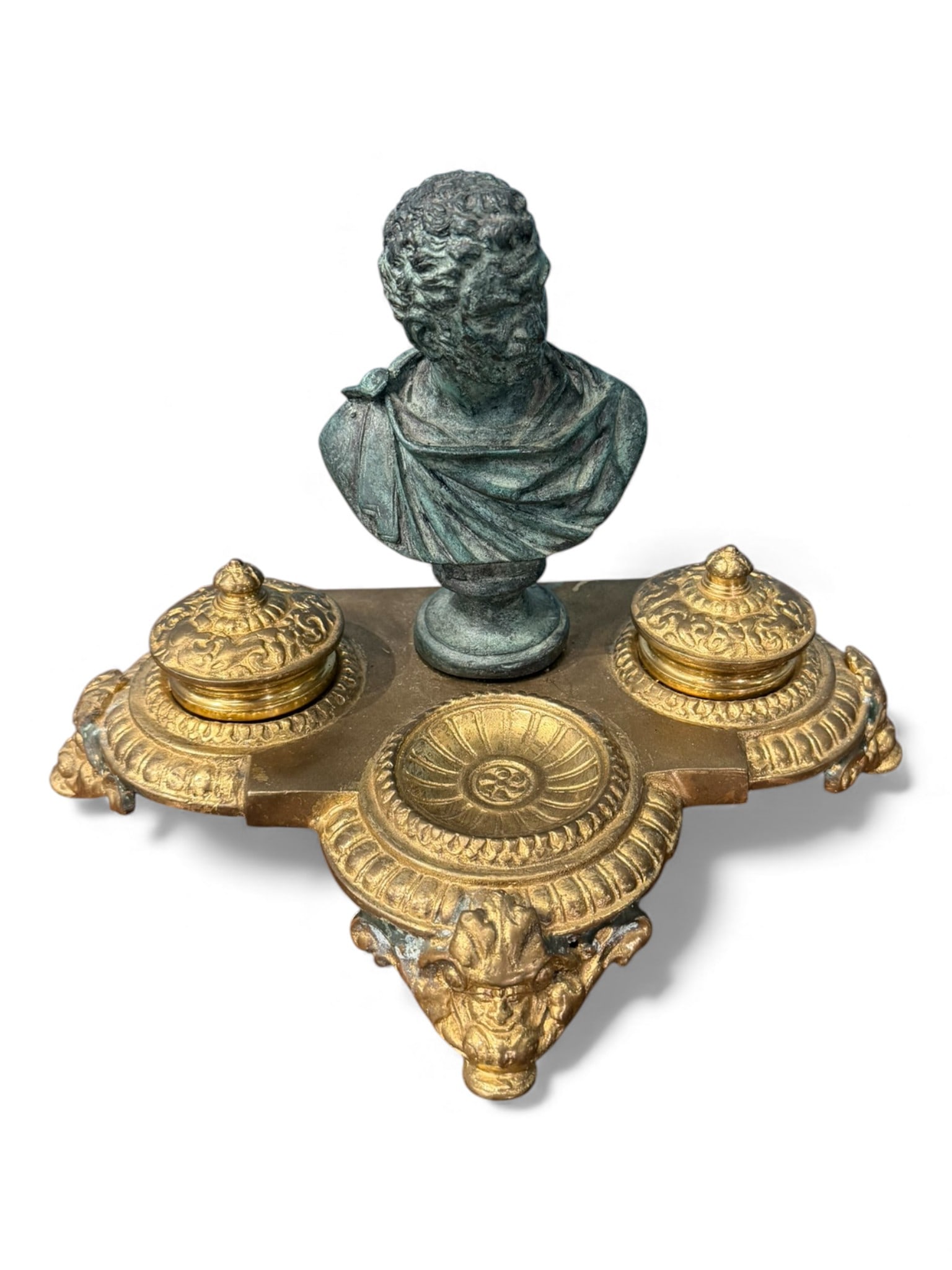 Bronze Figural Bust Inkwell with Gilt Bronze Base, late 19th to early 20th century (1 of 4)