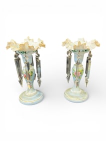 Pair of Victorian Porcelain Luster Candlesticks with Prism Drops, Late 19th Century