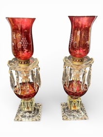 Pair of Ruby Glass and Crystal Lustres, Continental, 19th century