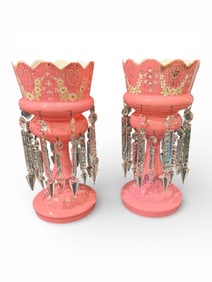 Pair of Bohemian Pink Glass Luster Candlesticks with Enamel Decoration, Late 19th Century