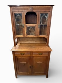 Arts & Crafts Oak Buffet and Hutch with Leaded Glass Doors, Early 20th Century