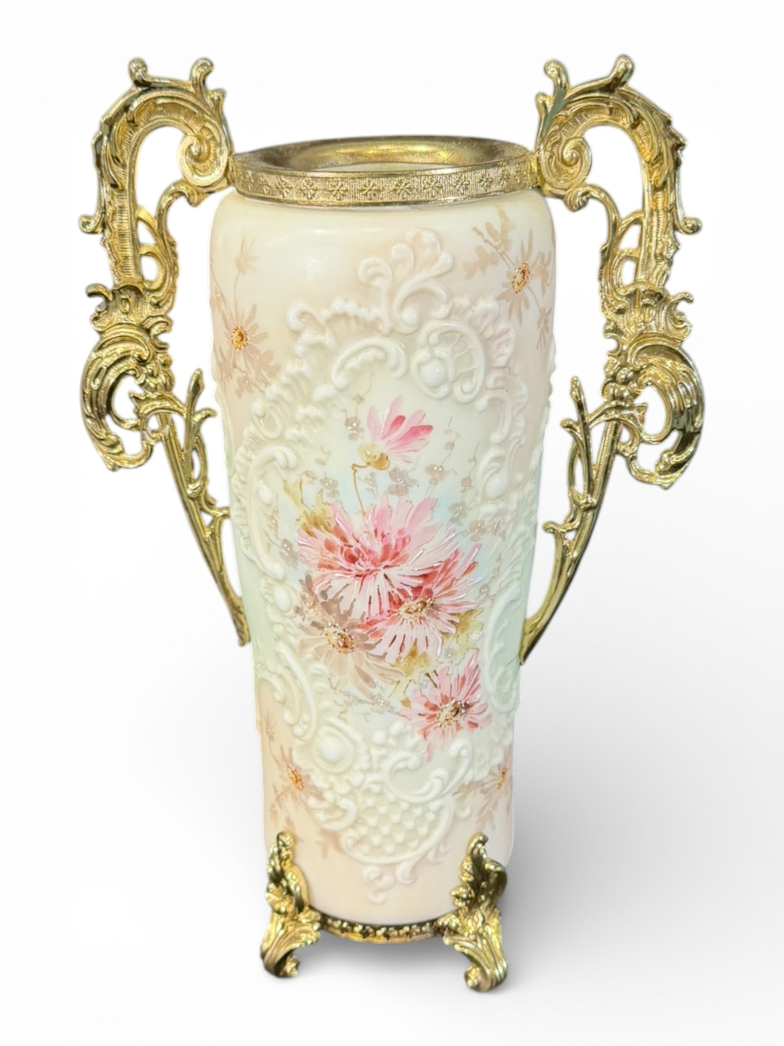 Wave Crest Milk Glass Vase with Gilt Metal Mounts, Shield & Harp Mark, C.F. Monroe Co. (1 of 4)