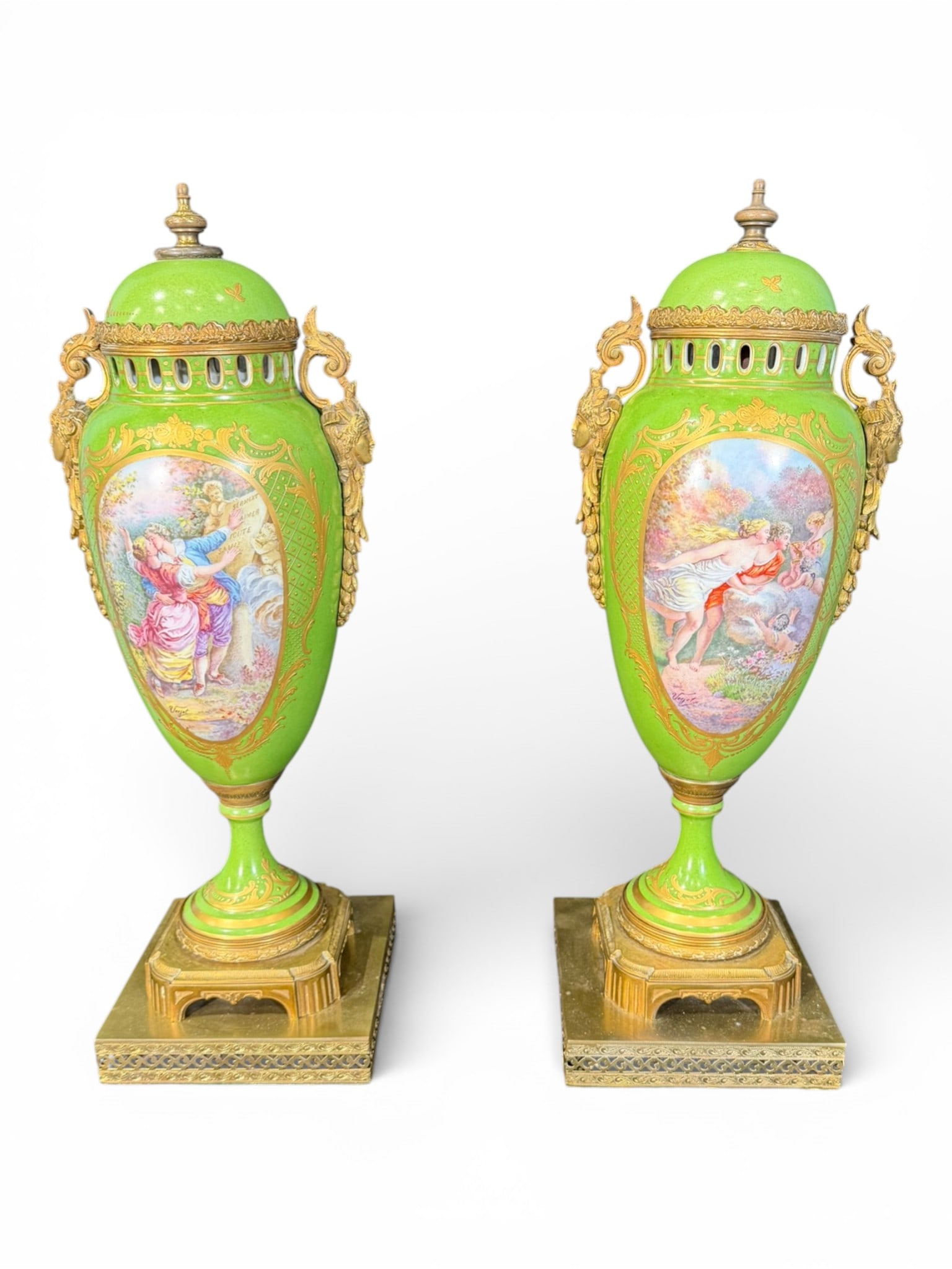 Pair of Austrian Green Ground Covered Urn Vases with Bronze Mounts — Late 19th Century (1 of 4)