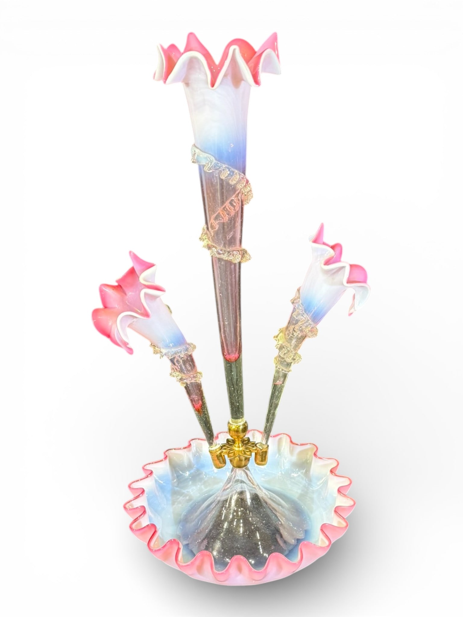 Victorian Opalescent Art Glass Three-Trumpet Epergne (1 of 3)