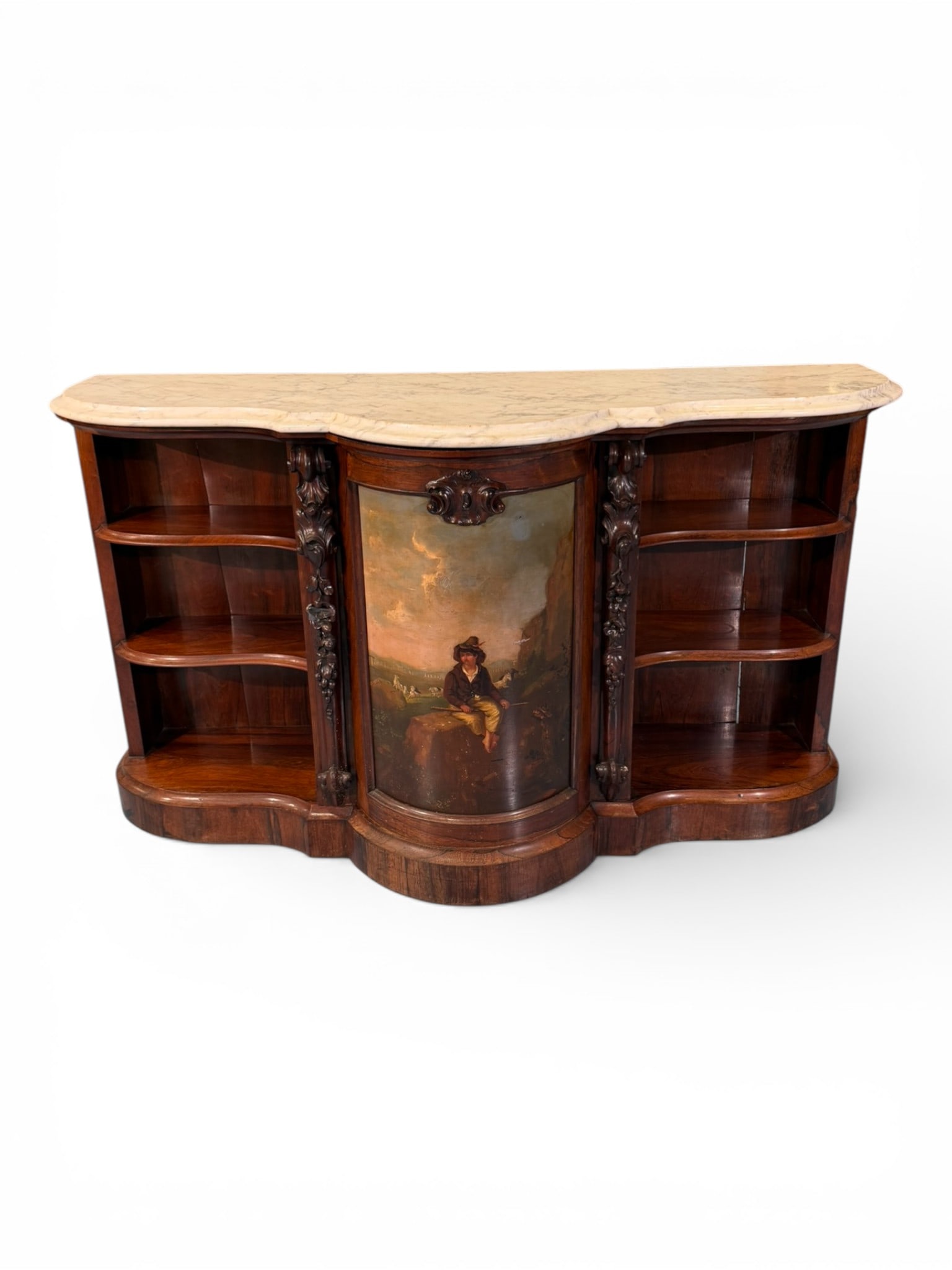 Renaissance Revival Rosewood Marble Top Credenza with Hand Painted Panel, ca. 1880: An exceptional rosewood marble top credenza featuring a dramatic serpentine form and finely executed carved detailing. The shaped white marble top, original to the piece, rests above a richly figured