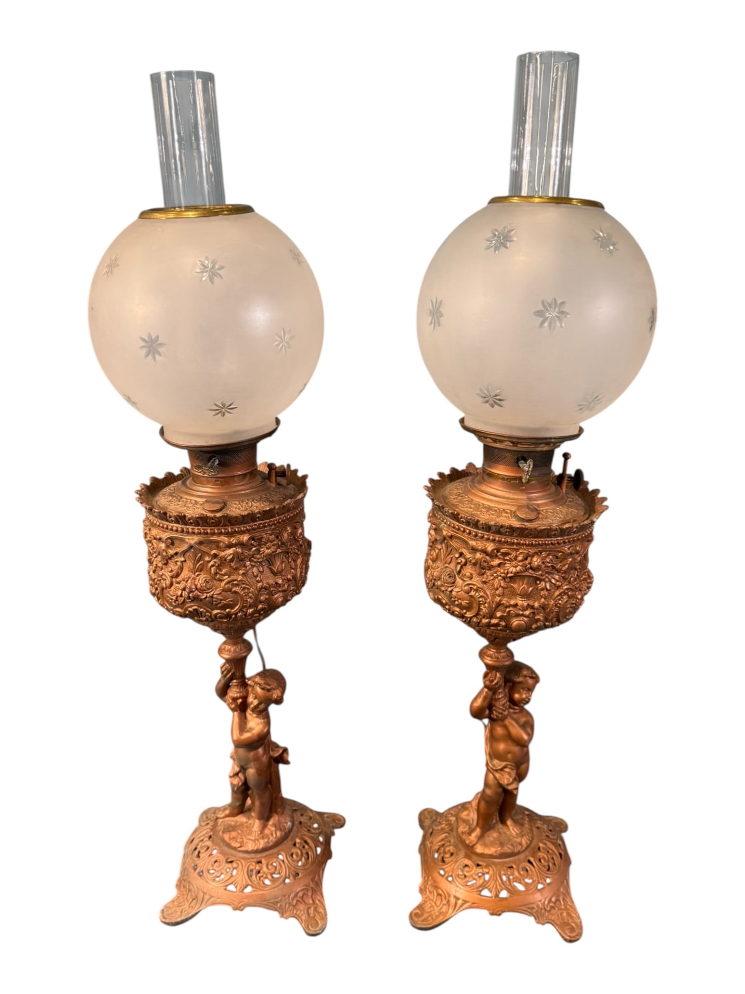 Pair of Figural Spelter Banquet Lamps with Frosted Star Shades (1 of 4)