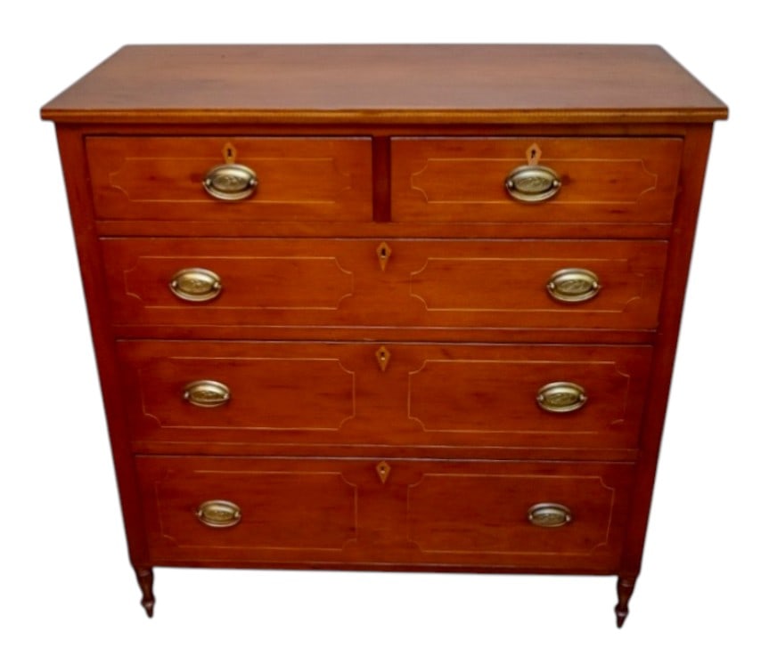 Sheraton Style Cherry Inlaid Chest of Drawers: A handsome Sheraton style cherry chest of drawers, featuring refined proportions and restrained neoclassical detailing. The rectangular top rests above two short drawers over three long graduated draw