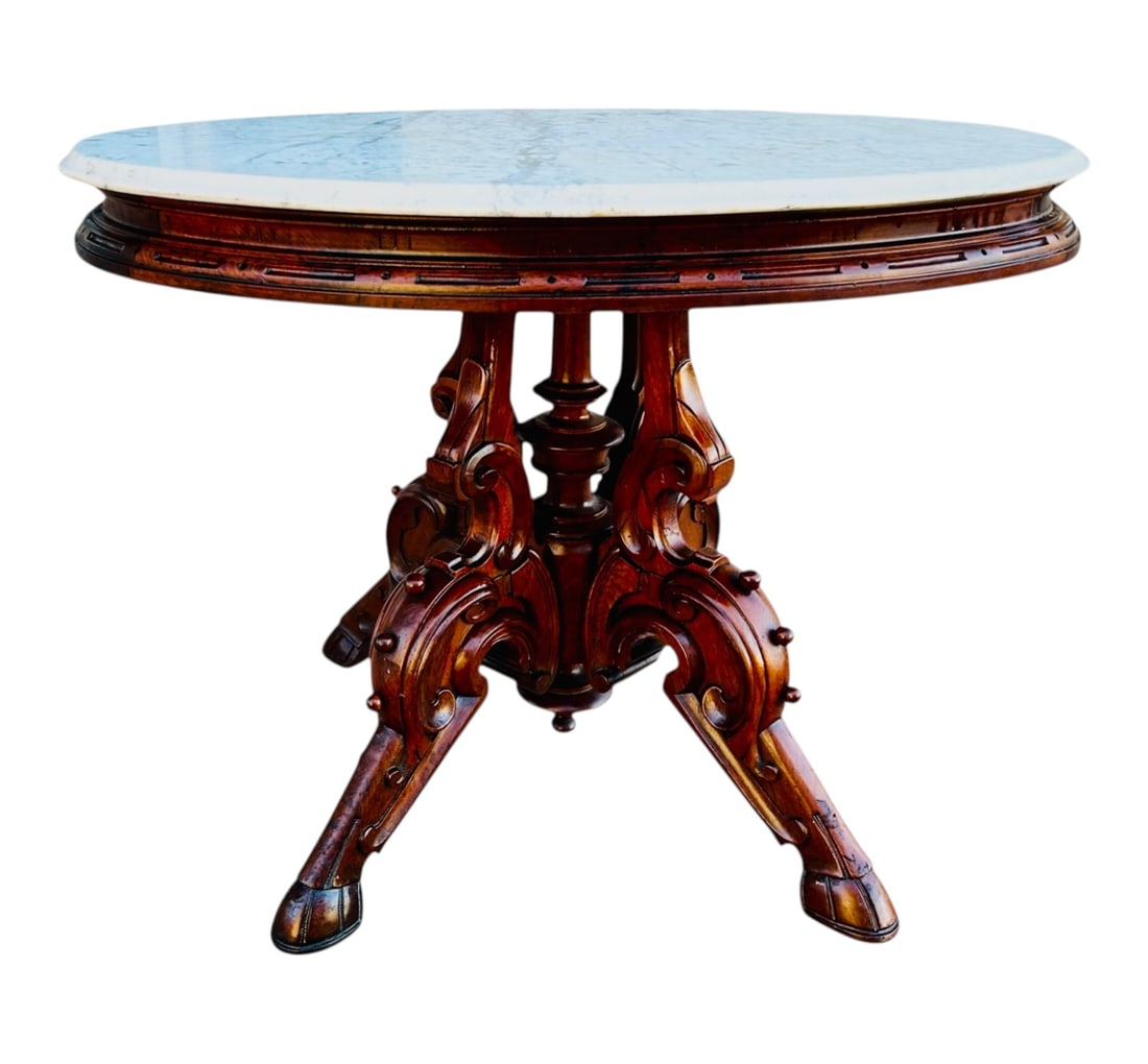 Rare Victorian Marble-Top Center Table with Horse Hoof Feet Attr. Thomas Brooks (1 of 3)