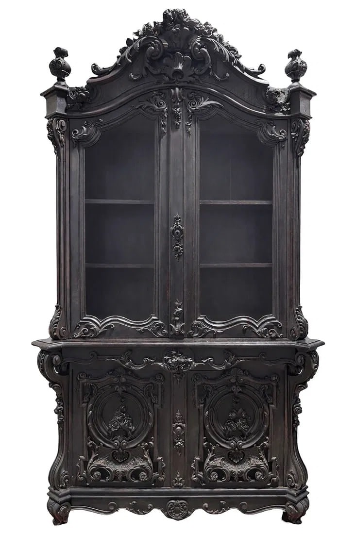 Victorian Rococo Revival Carved Display Cabinet, 19th Century: An imposing and richly sculptural Victorian Rococo Revival display cabinet, second half 19th century, executed in the French taste and strongly reminiscent of the high-style work associated with Alexa