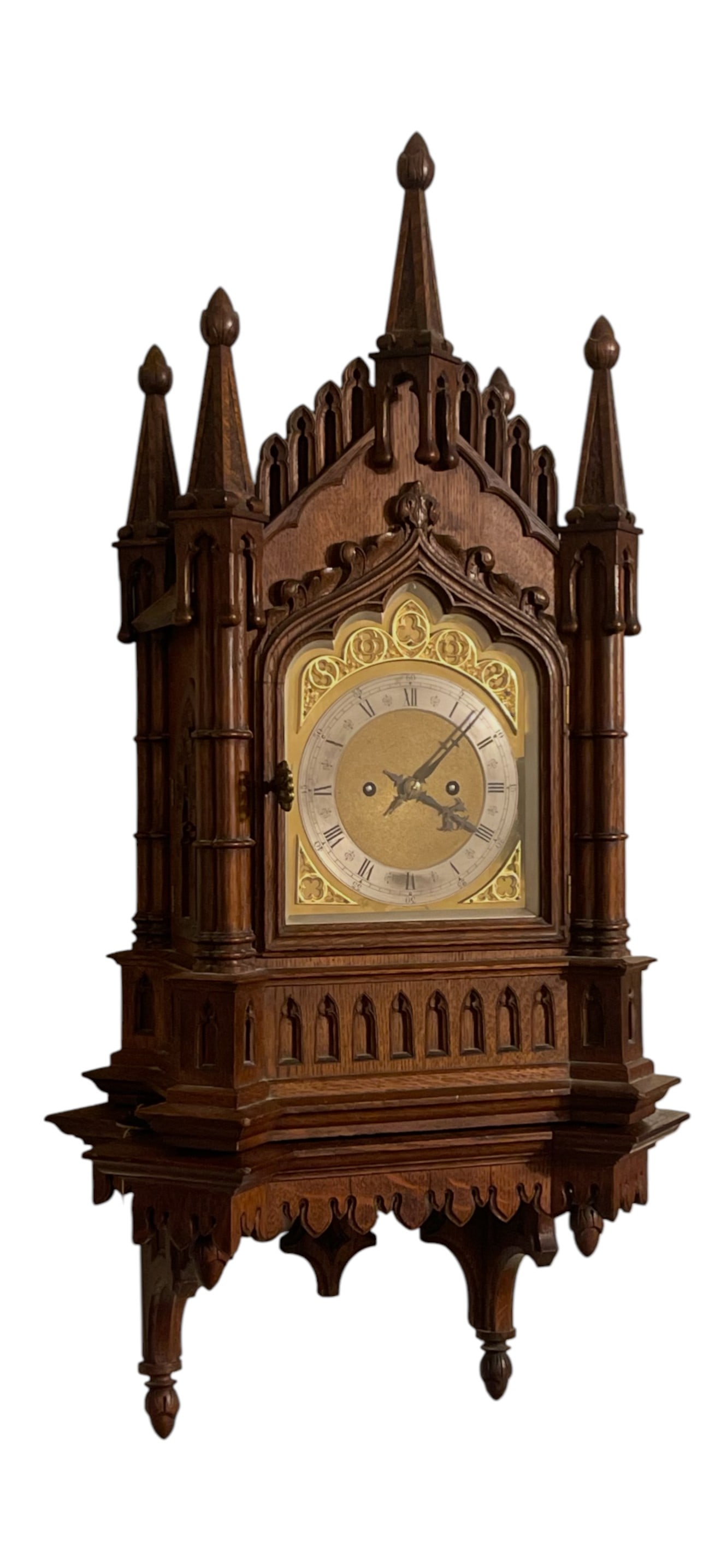 Exceptional Gothic Revival Walnut Bracket Wall Clock with Matching Sconces, Eight-Day Chain Fusee (1 of 3)