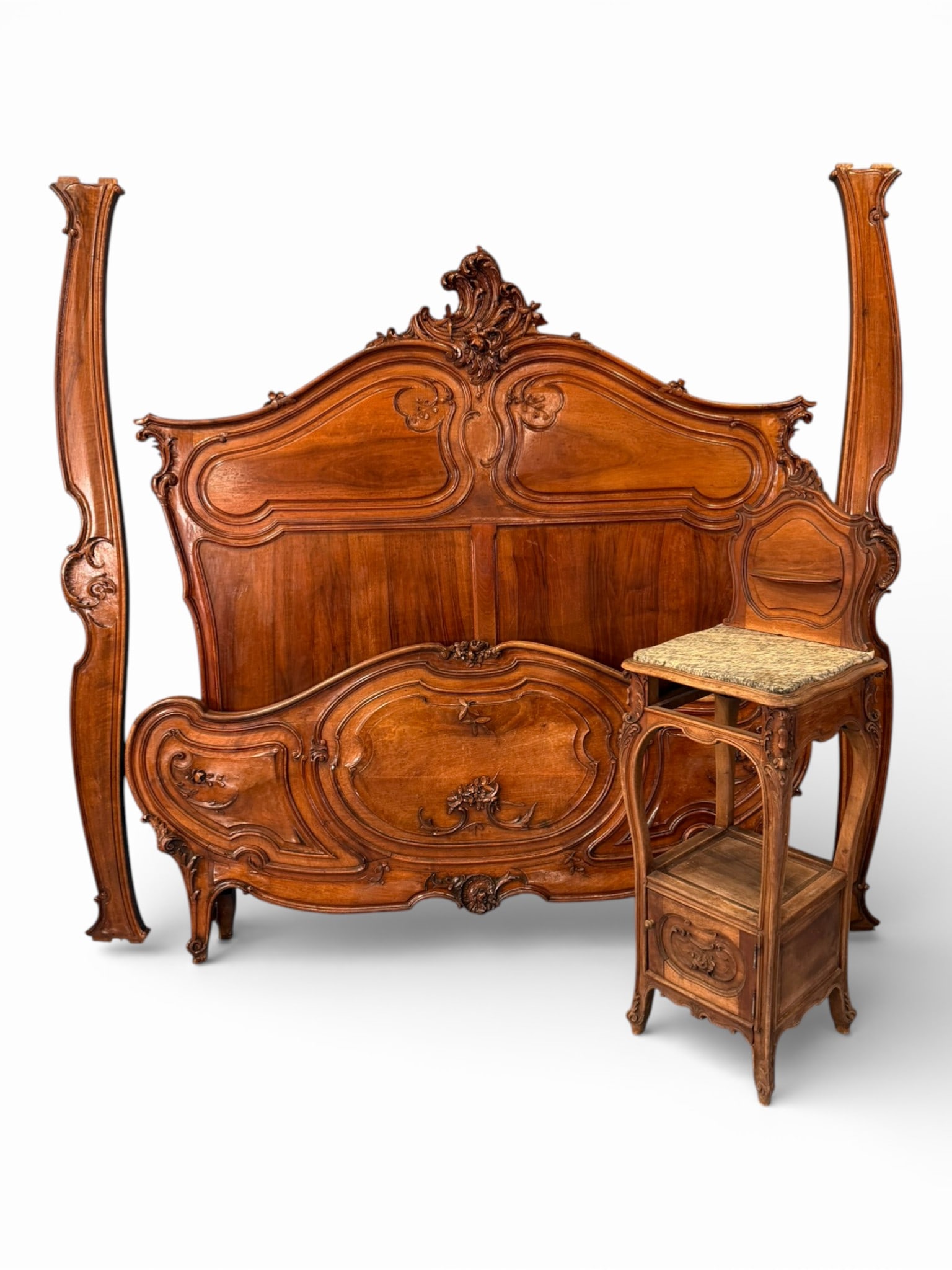 French Louis XV Style Carved Full-Size Bed with Rails and Matching Nightstand (1 of 4)