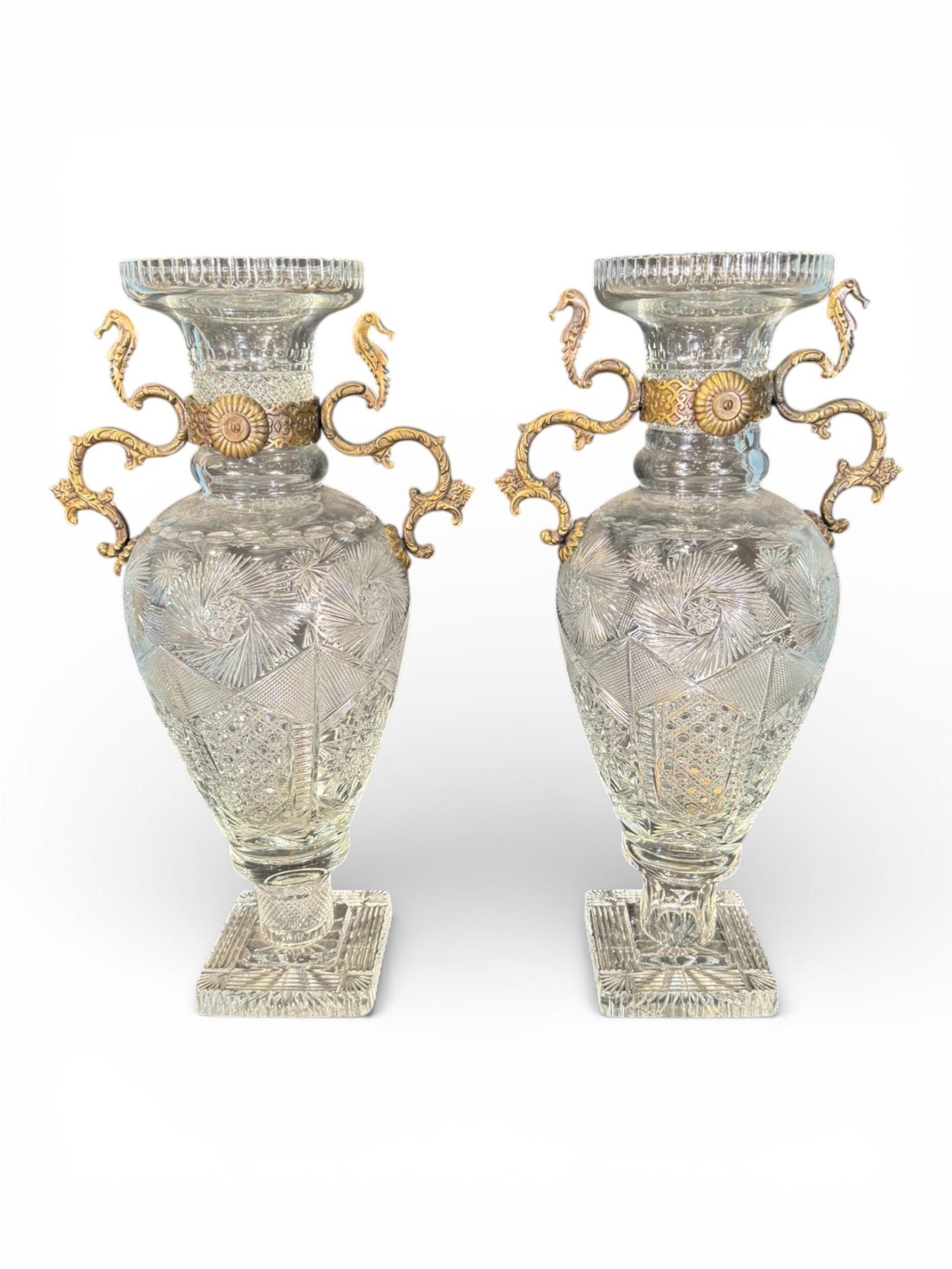 Pair of Impressive Cut Glass Vases with Bronze Seahorse Handles (1 of 6)