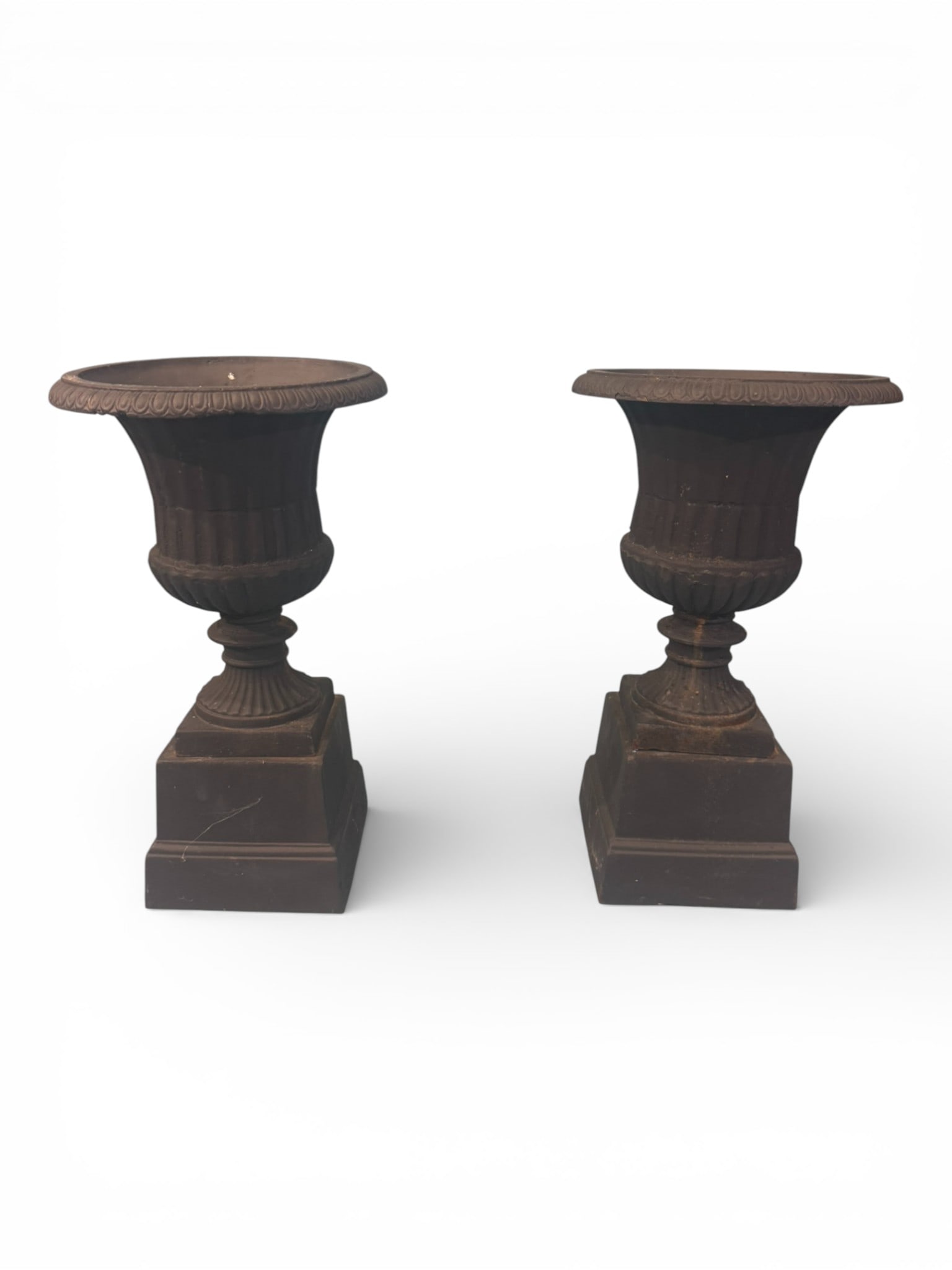 Pair of Cast Iron Garden Urns on Pedestal Bases (1 of 5)