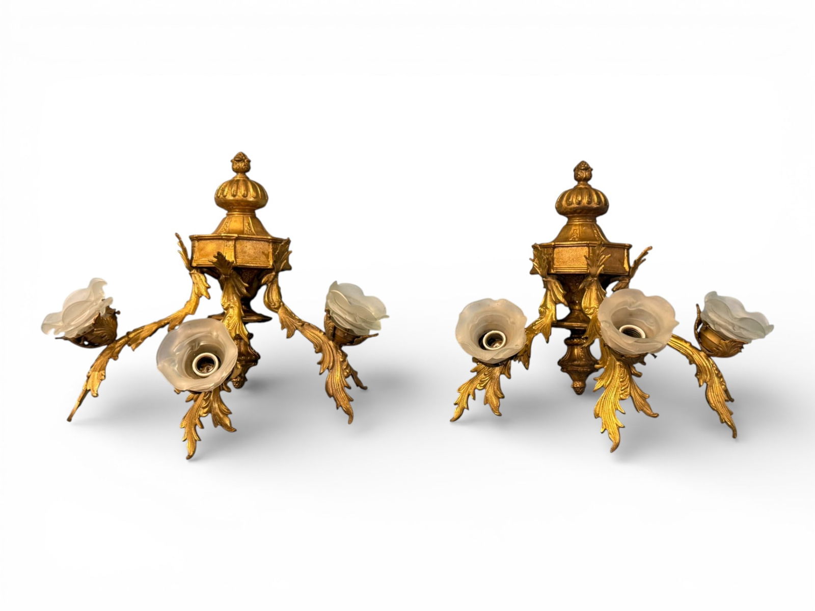 Pair of Gilt Bronze Three-Light Wall Sconces, Early 20th Century (1 of 3)