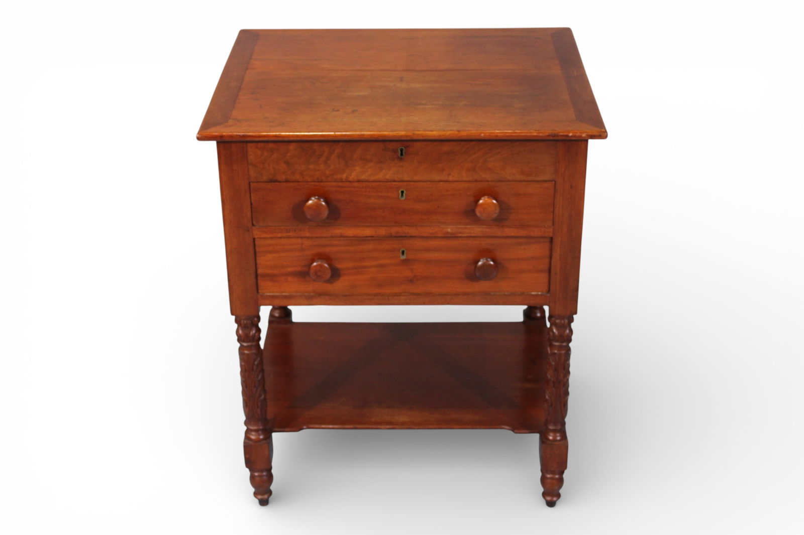 Early American Acanthus-Carved Work Table with Lift-Top Writing Surface: Charming Early American work table combining practical utility with refined decorative carving. The rectangular top opens to reveal a green baize-lined writing surface fitted with interior
