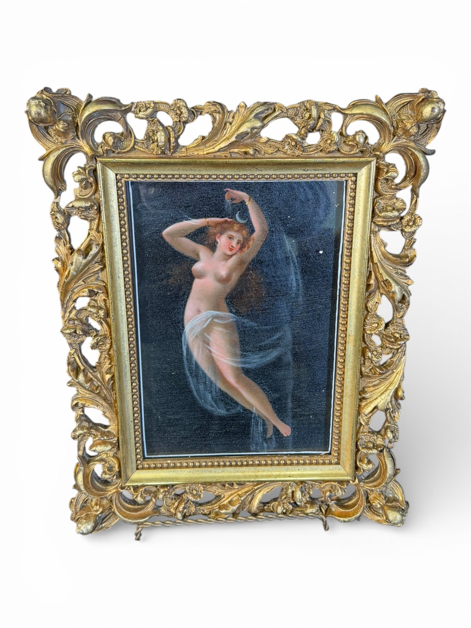 Victorian Allegorical Nude, Oil on Paper, Late 19th Century: A finely executed Victorian oil on paper depicting a classical allegorical nude figure, shown floating or dancing against a dark ground, partially draped with a translucent veil. The figure is