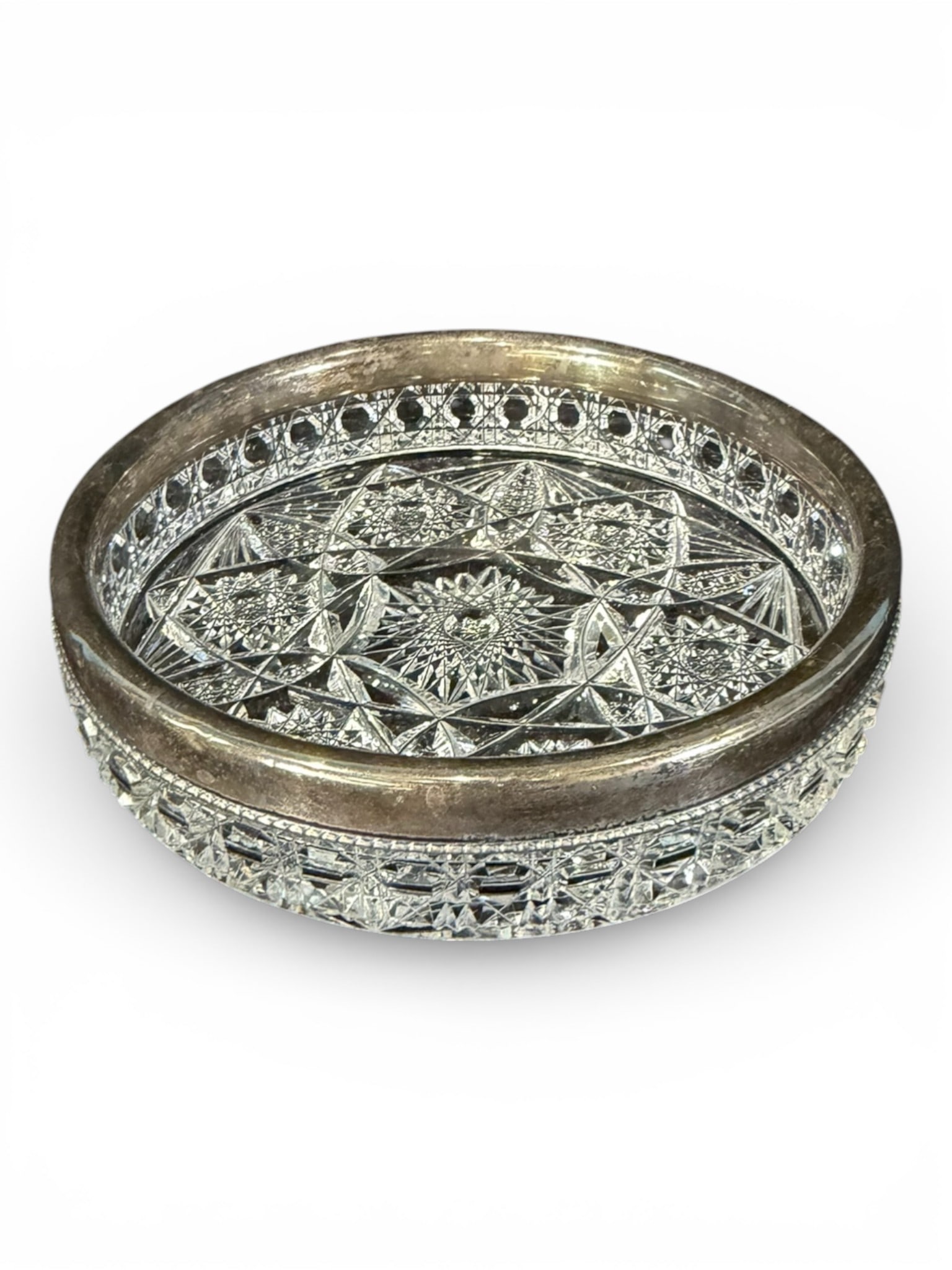 American Brilliant Cut Glass Wine Coaster with Silver Plate Rim (1 of 3)