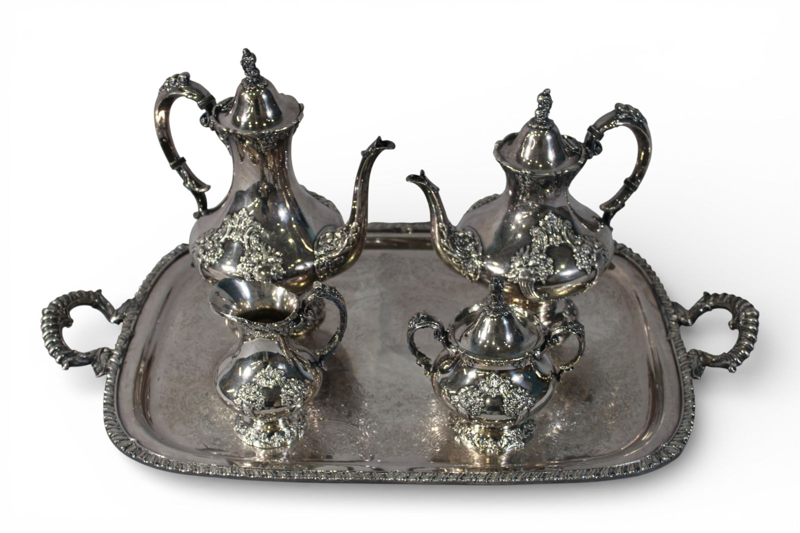 Five-Piece Silverplate Tea and Coffee Service in the “King Francis" Pattern with Tray (1 of 4)