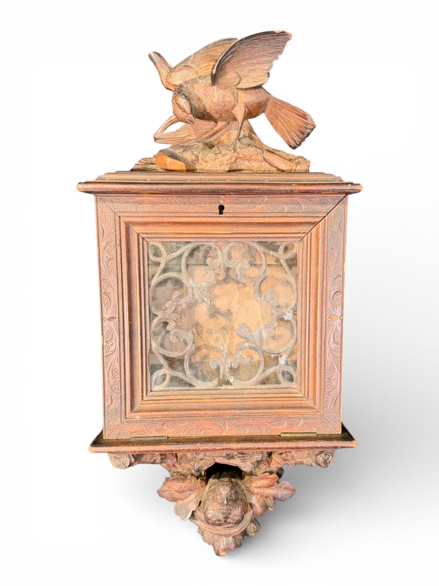 Black Forest Carved Wall-Mounted Hanging Box with Bird Motif (1 of 5)