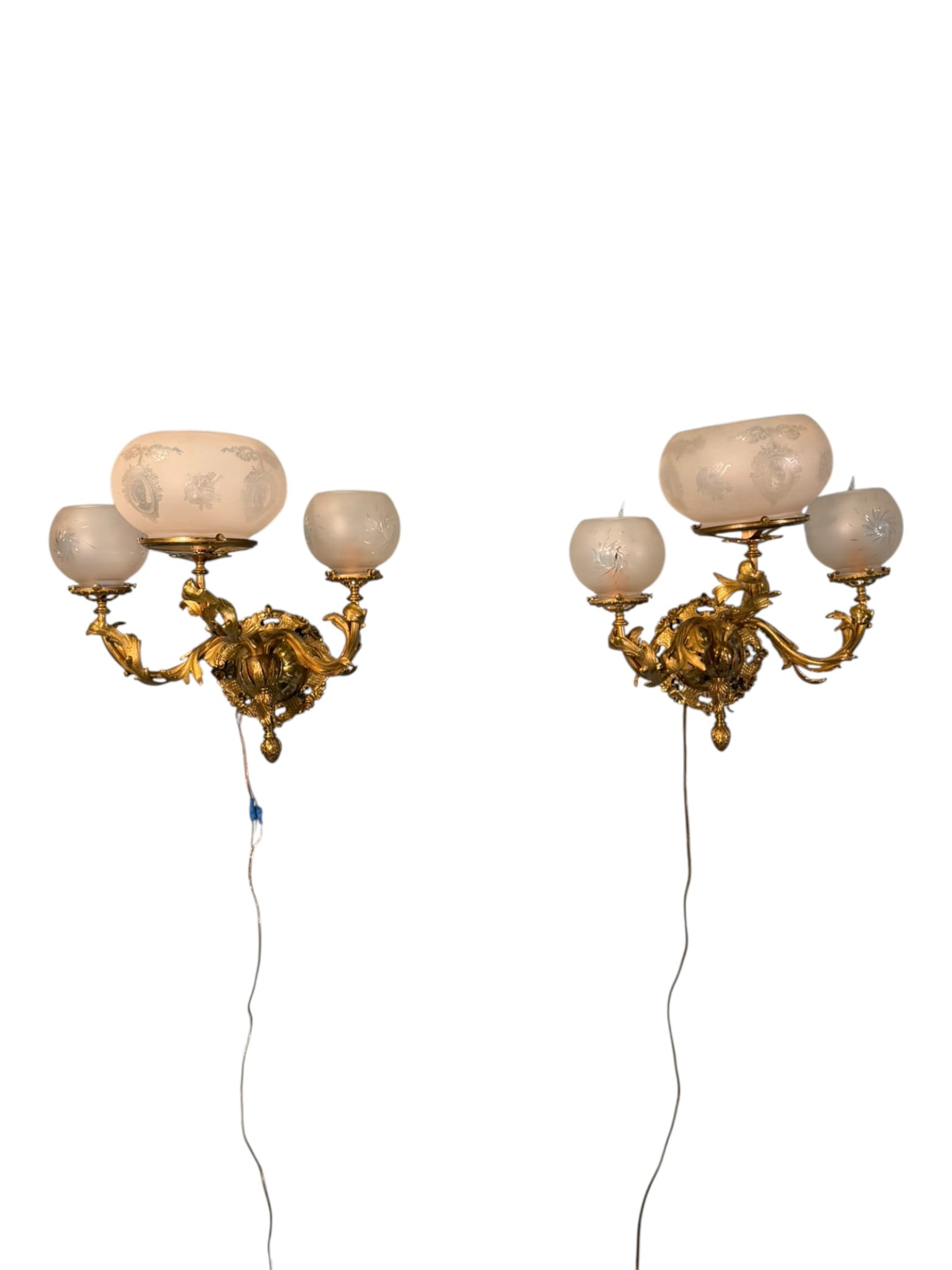 Pair of Victorian Style Brass Wall Sconces with Etched Glass Shades (1 of 4)