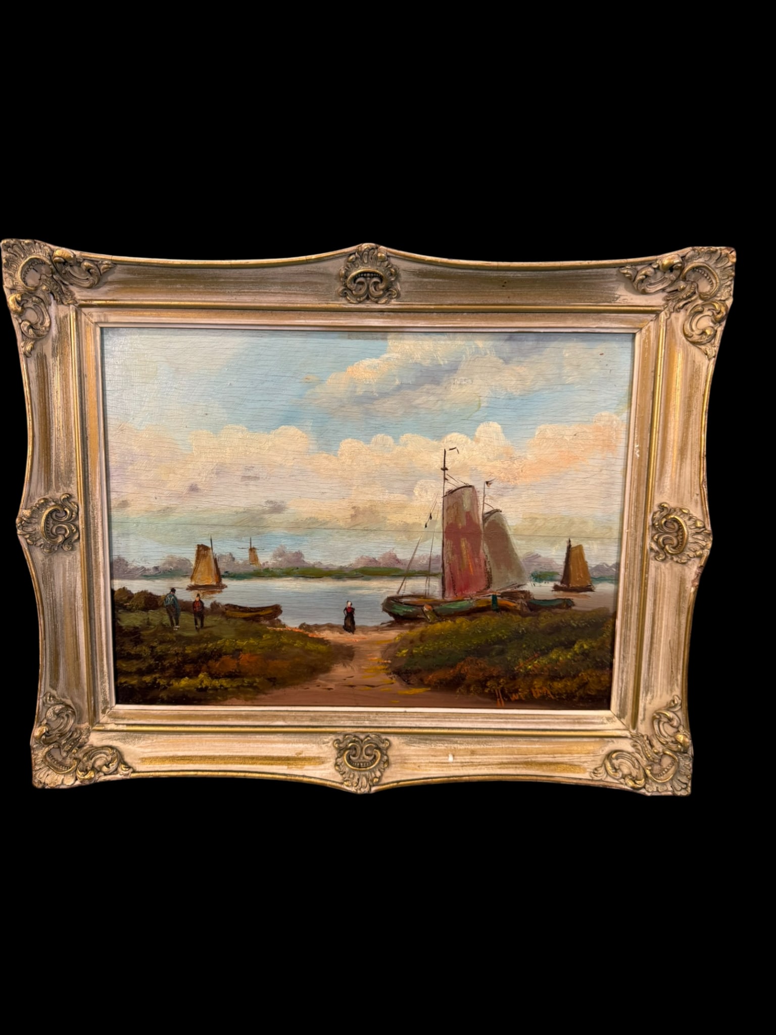 Continental European Coastal Harbor Scene, Oil on Board, Signed (1 of 1)