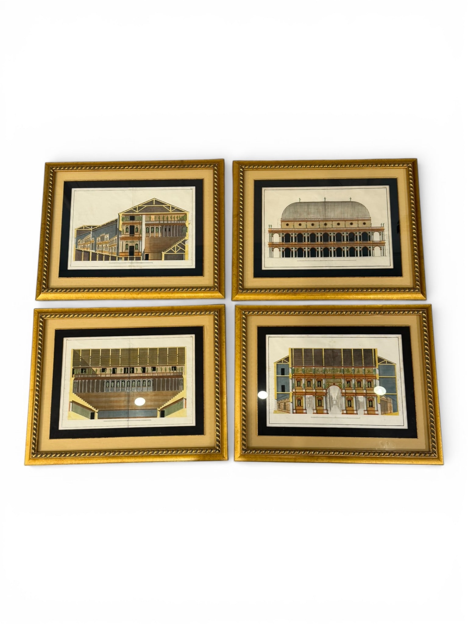 Set of Four Framed Architectural Elevation and Section Prints: A coordinated set of four architectural engravings depicting classical elevations and sectional views of a grand European structure, likely after an 18th or 19th century source illustrating Renaissanc