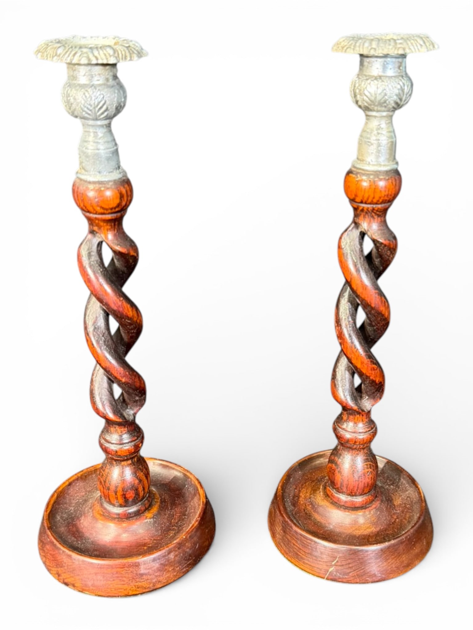 Pair of Barley Twist Candlesticks with Pewter Tops (1 of 6)