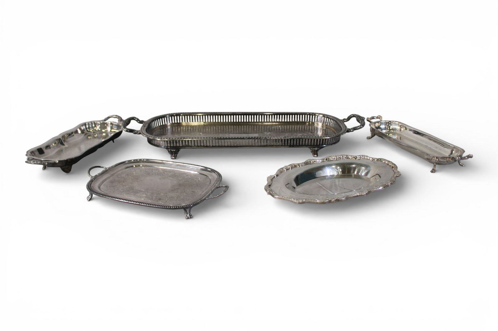 Five-Piece Silver Plate Serving Tray Assortment, Including Rare Gallery Tray (1 of 9)