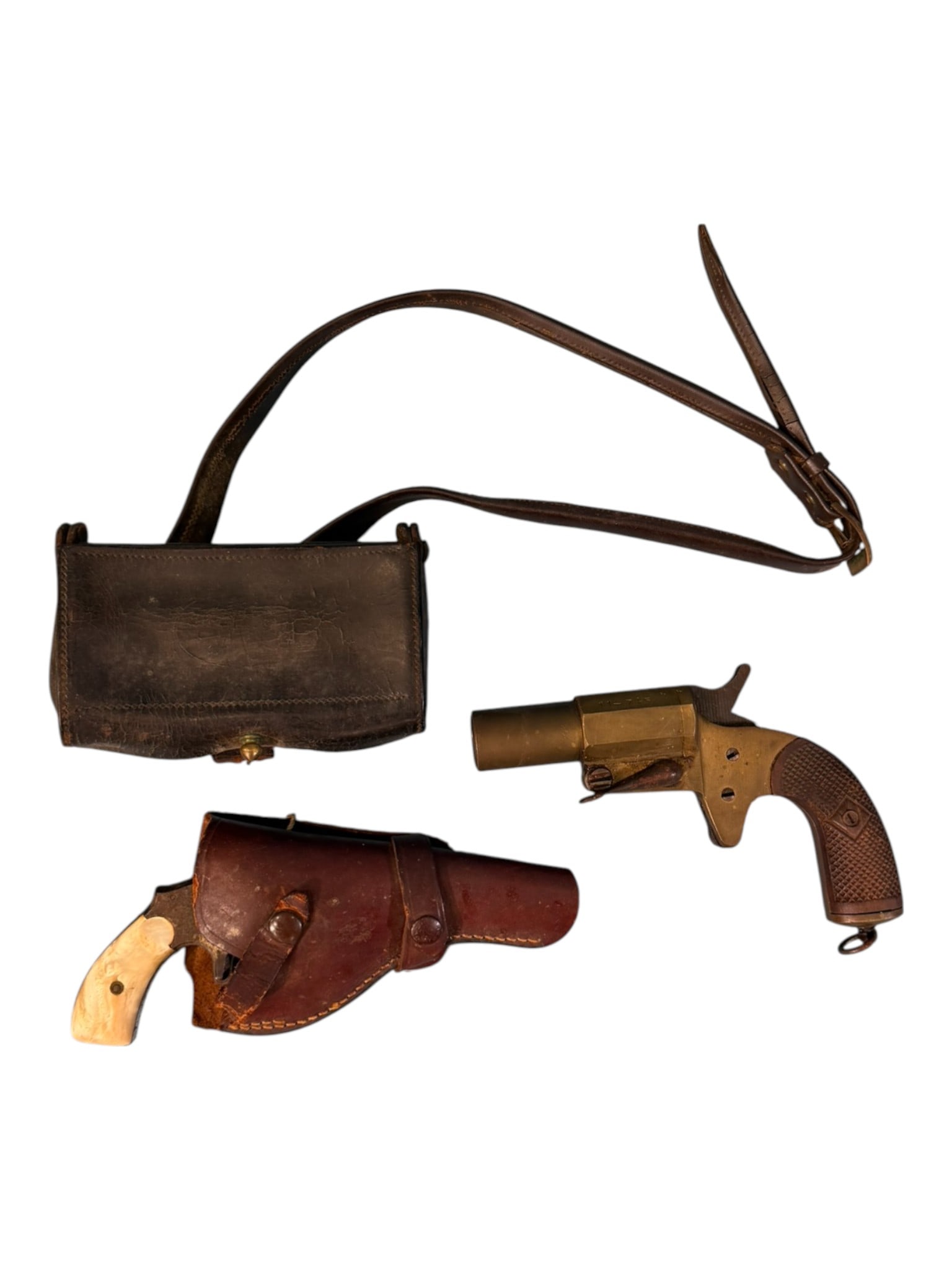 Group Lot: Flare Pistol, Leather Cartridge Pouch, and .38 Caliber Revolver (1 of 6)