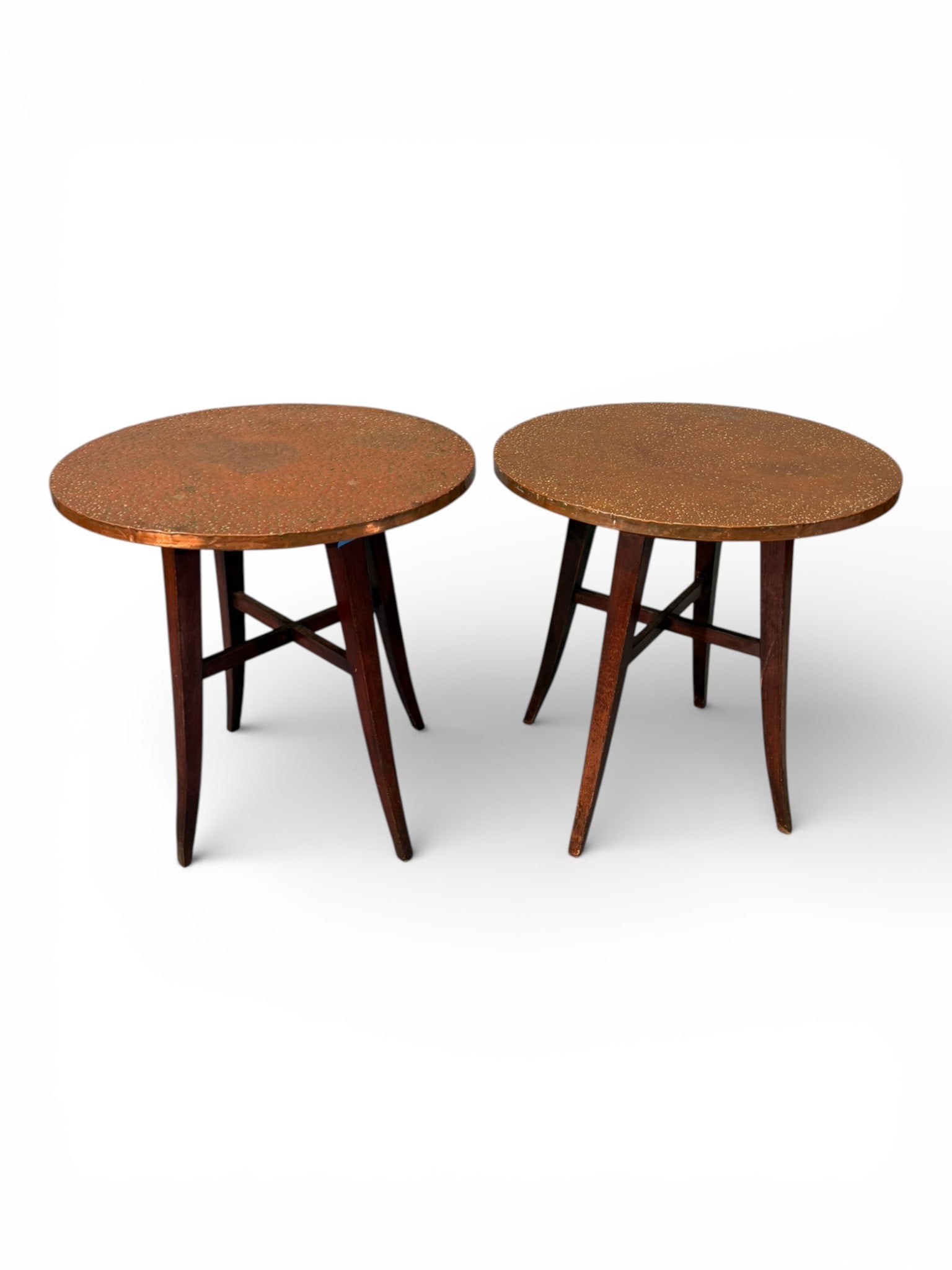 Pair of Hand-Hammered Copper-Top Side Tables with Tapered Wood Bases (1 of 4)